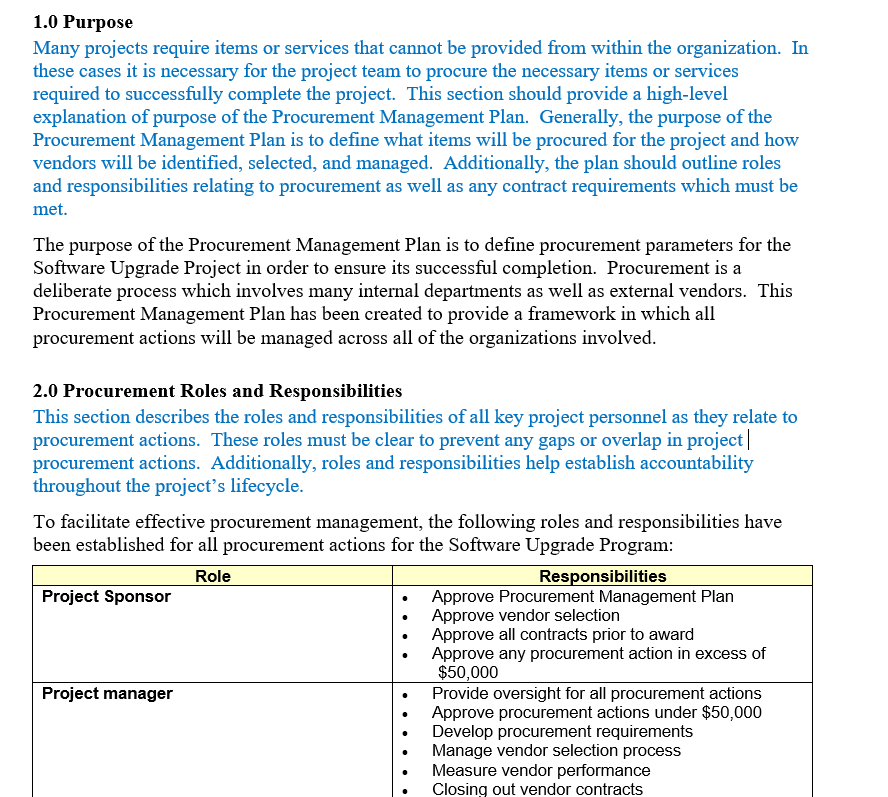 of the textbook, and the attached template, develop a procurement management plan
