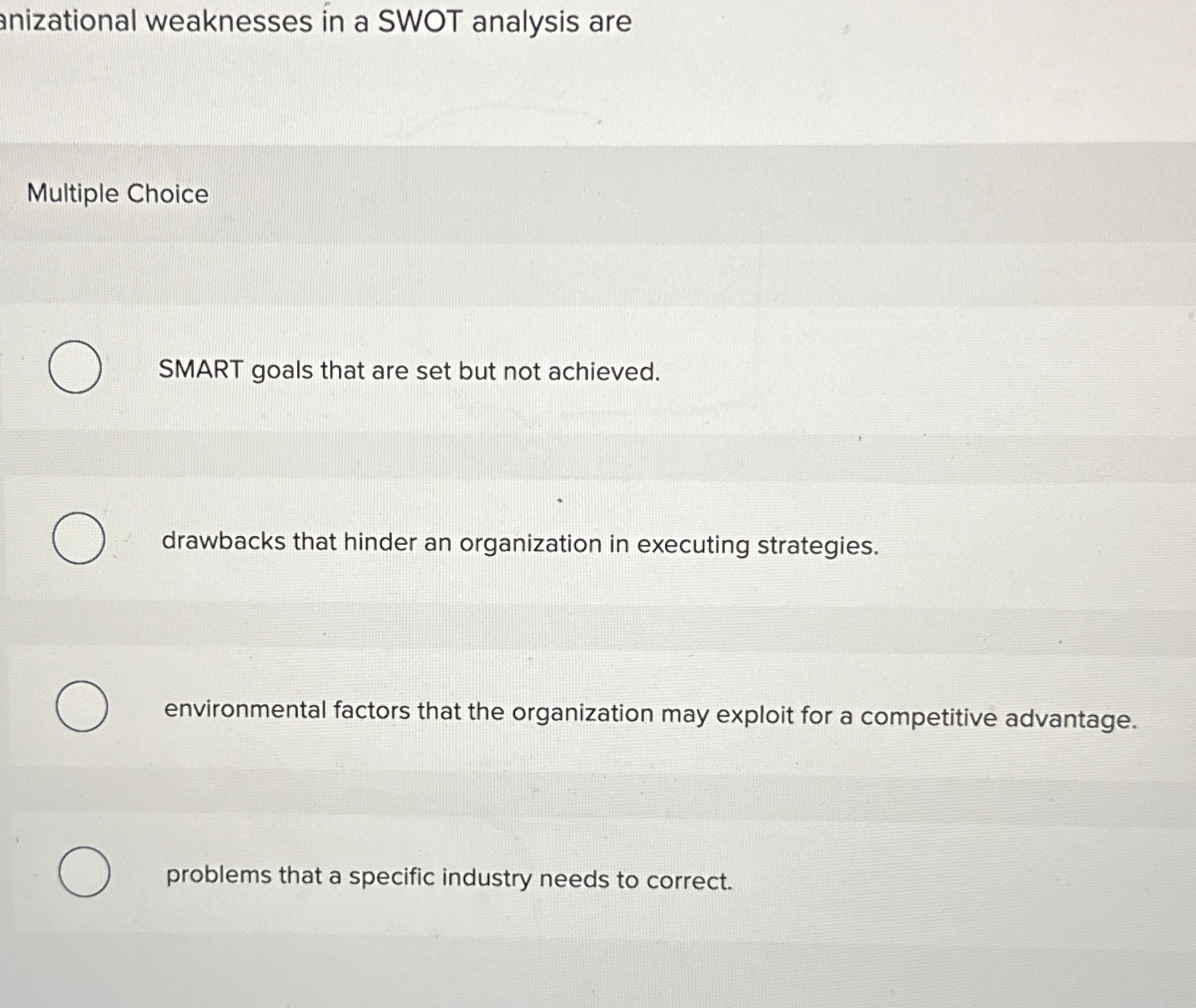  anizational weaknesses in a SWOT analysis are Multiple Choice SMART goals