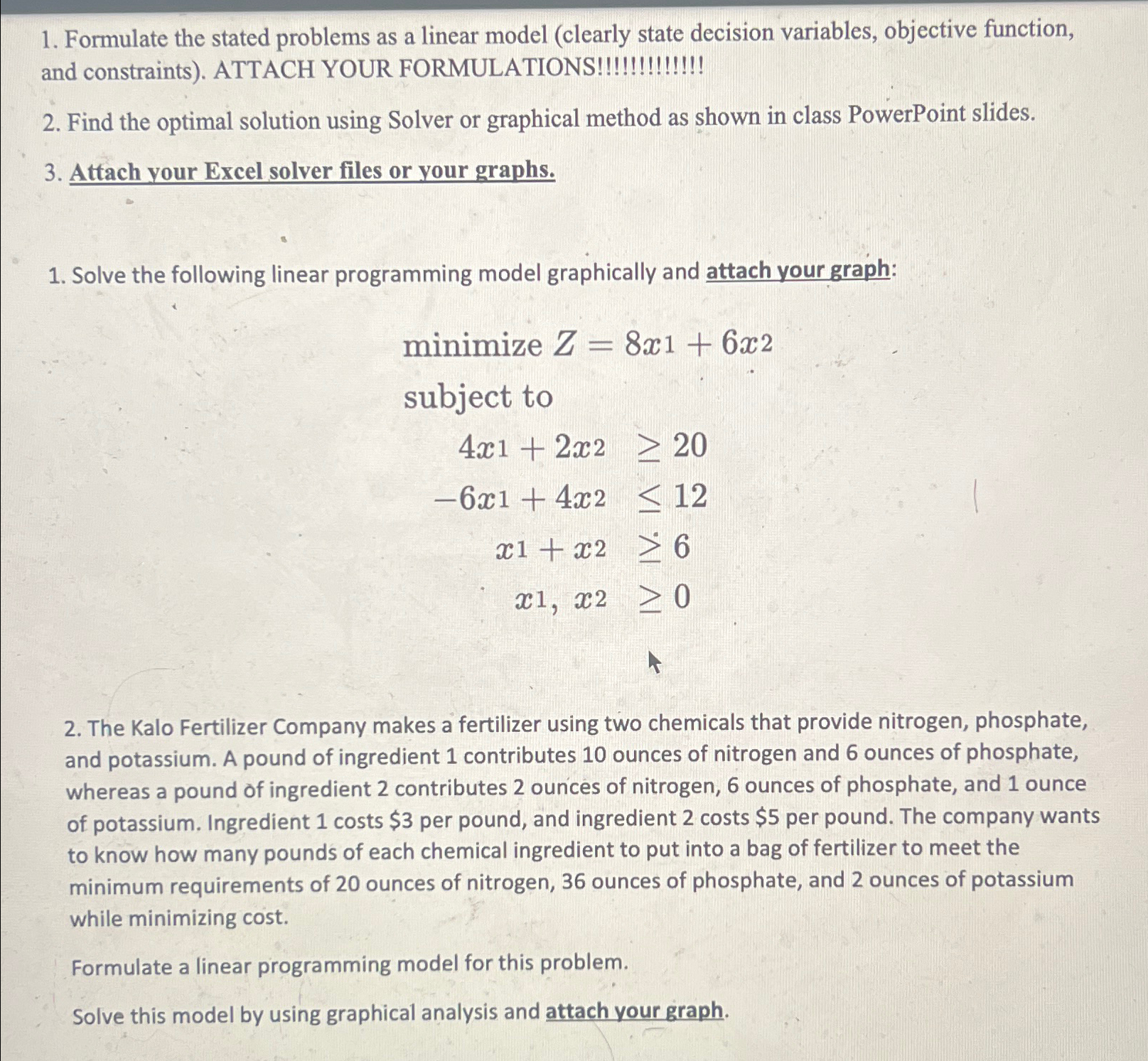  Formulate the stated problems as a linear model (clearly state decision