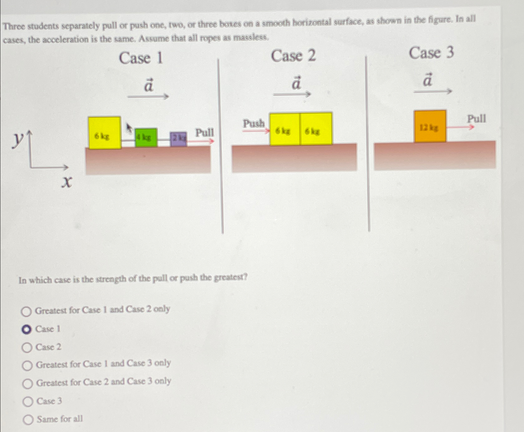  Throe students separately pull or push one, two, or three boxes
