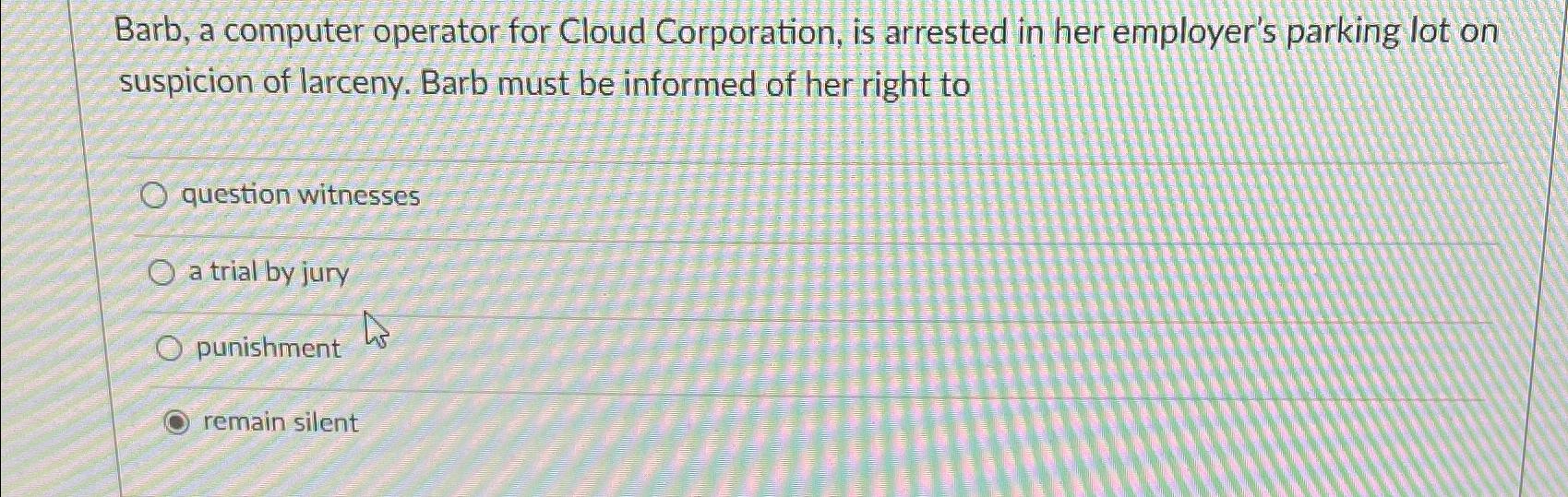  Barb, a computer operator for Cloud Corporation, is arrested in her