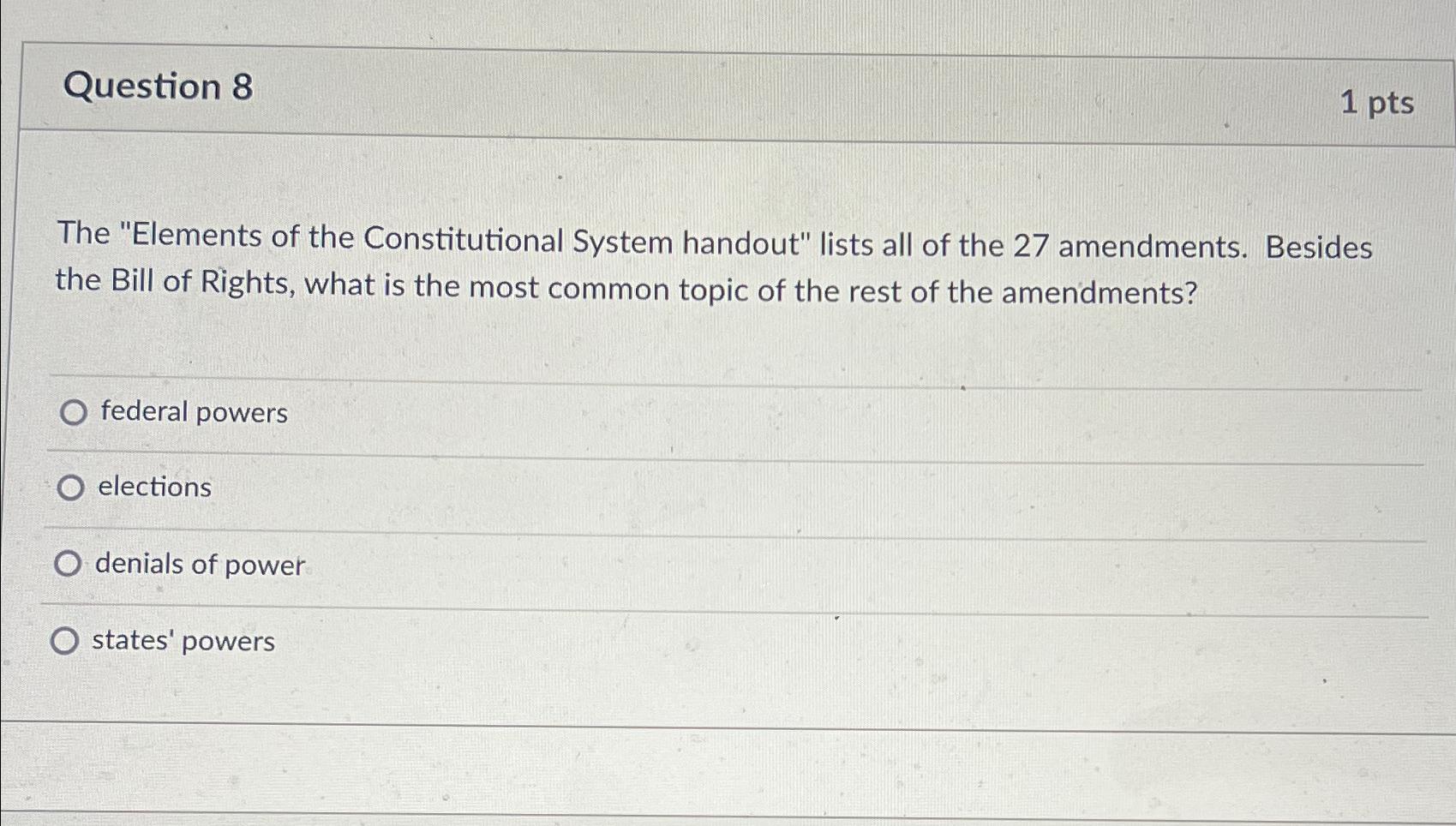  Question 8 1 pts The "Elements of the Constitutional System handout"