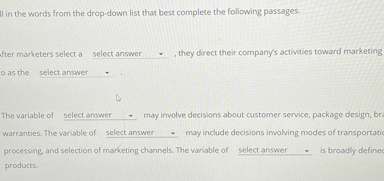  Il in the words from the drop-down list that best complete