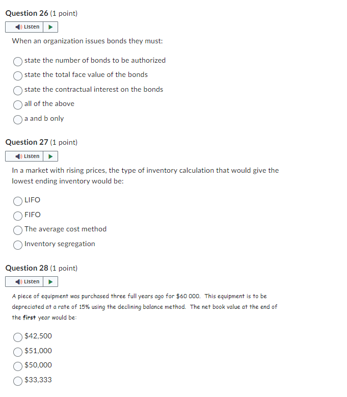 Question 26 (1 point) ) Listen When an organization issues bonds