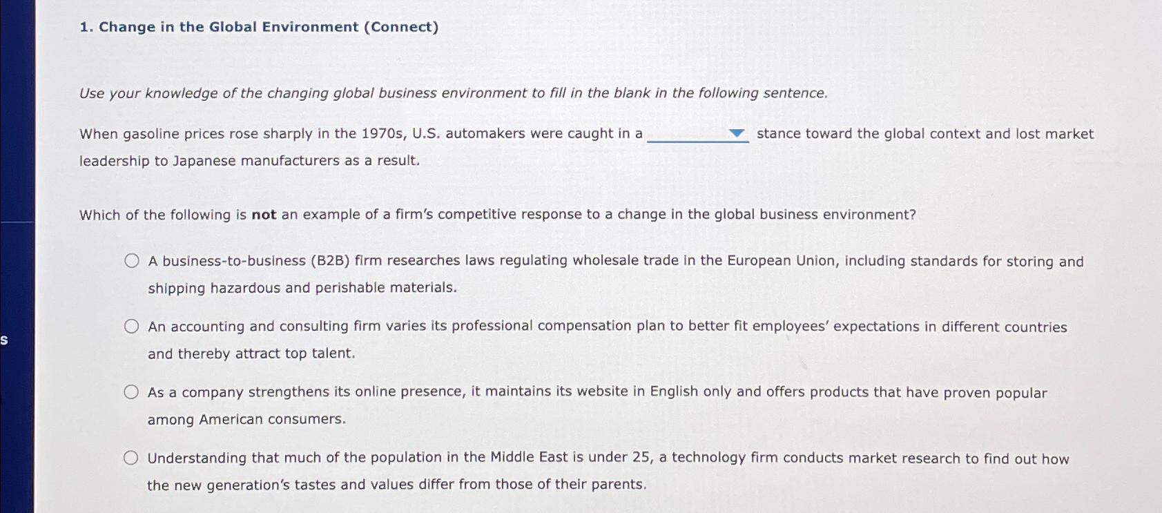  Change in the Global Environment (Connect) Use your knowledge of the