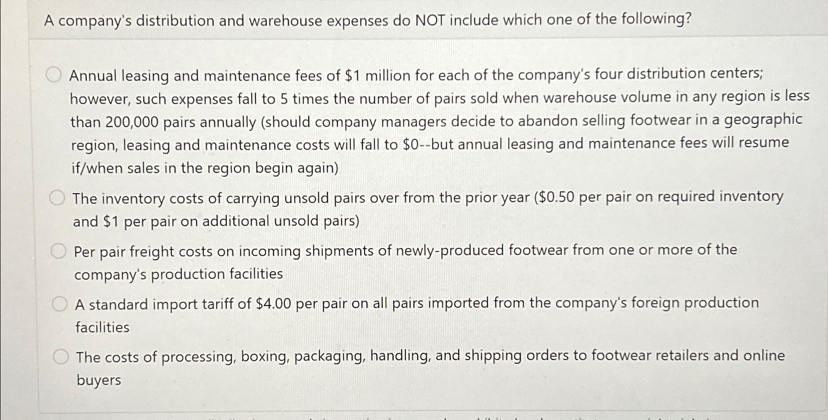  A company's distribution and warehouse expenses do NOT include which one