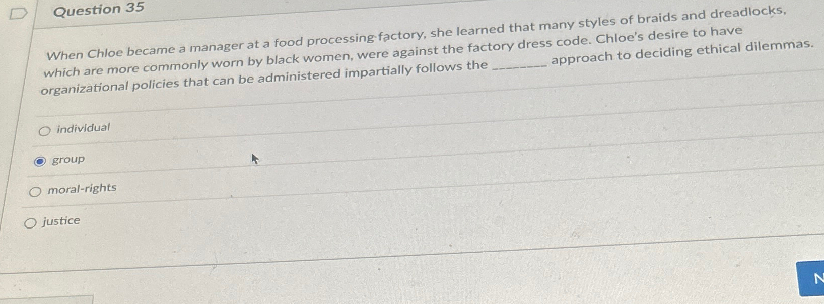  Question 35 When Chloe became a manager at a food processing