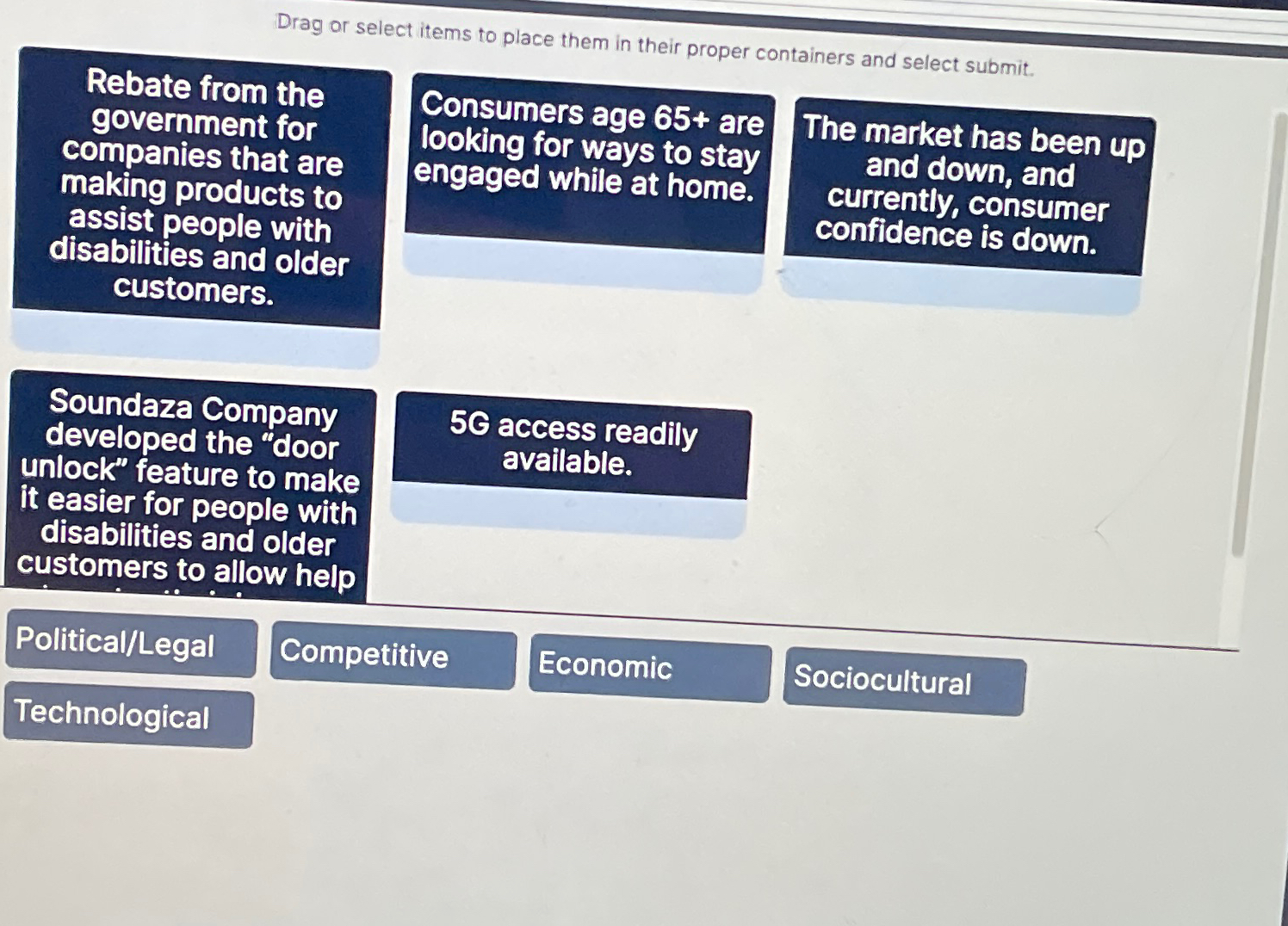  Drag or select items to place them in their proper containers