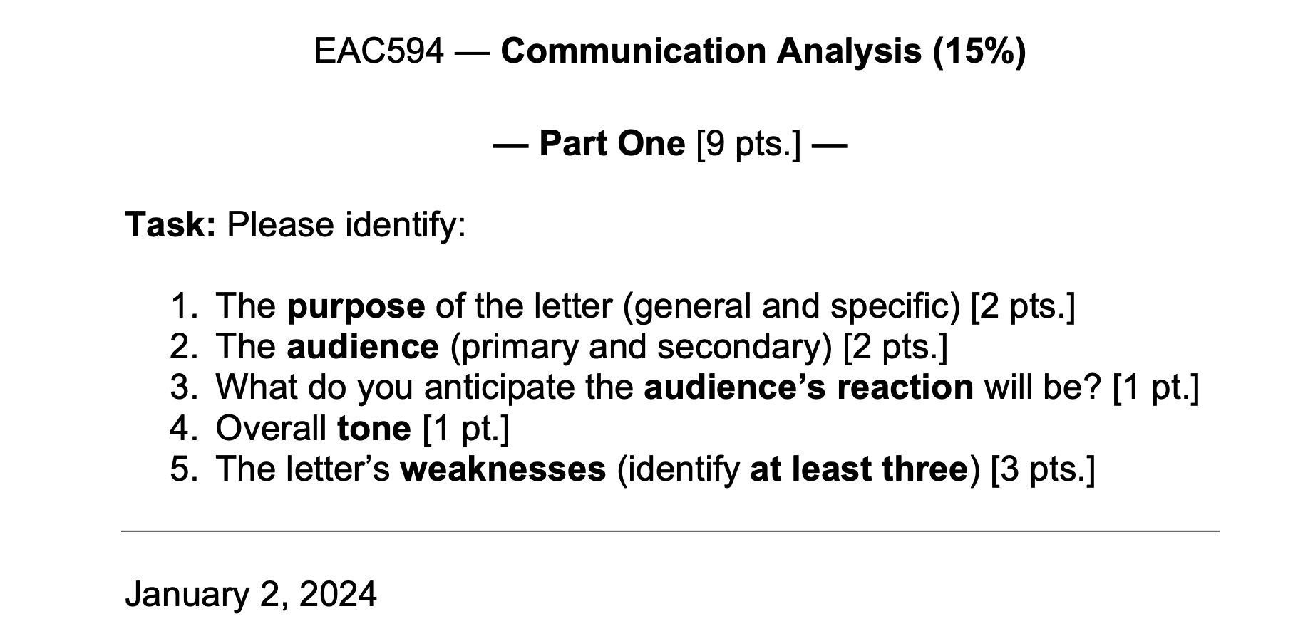  EAC594- Communication Analysis (15%) The purpose of the letter (general and
