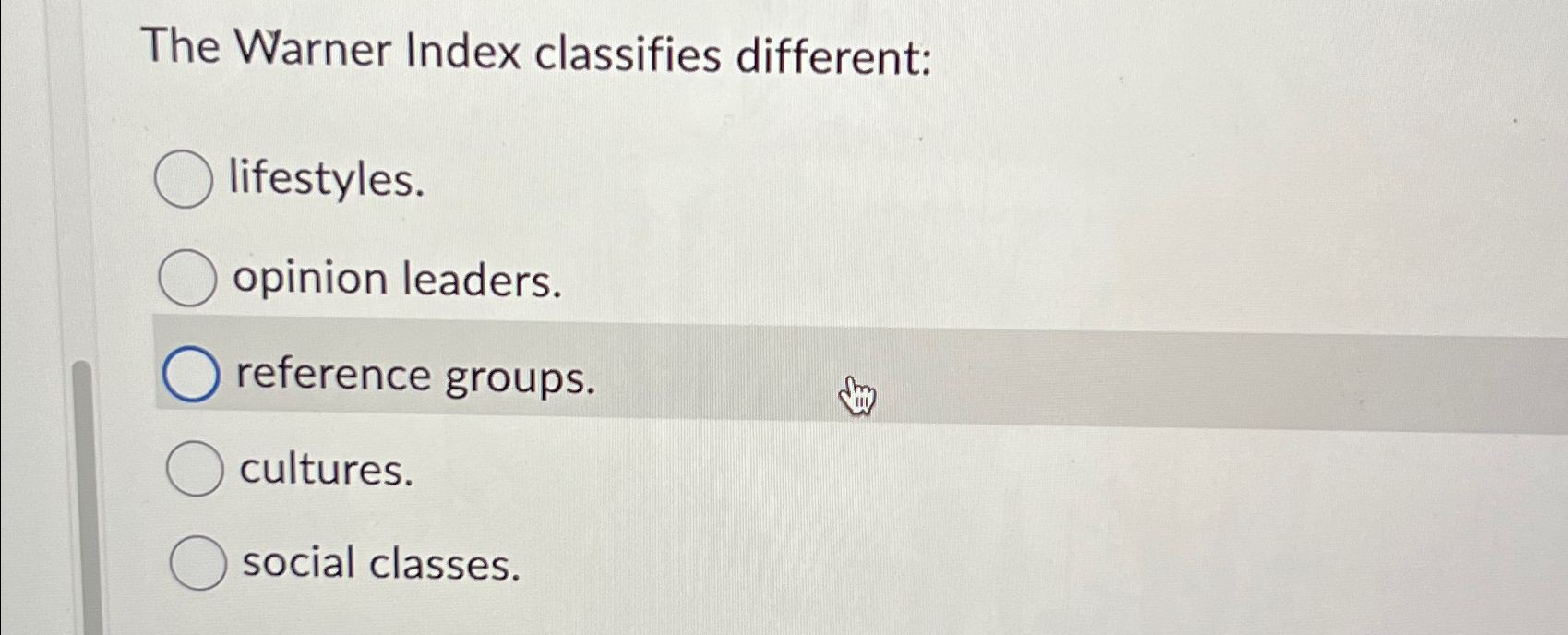  The Warner Index classifies different: lifestyles. opinion leaders. reference groups. cultures.