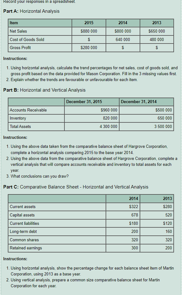  Record your responses in a spreadsheet. Part A: Horizontal Analysis Item