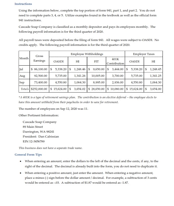  Instructions Using the information below, complete the top portion of form