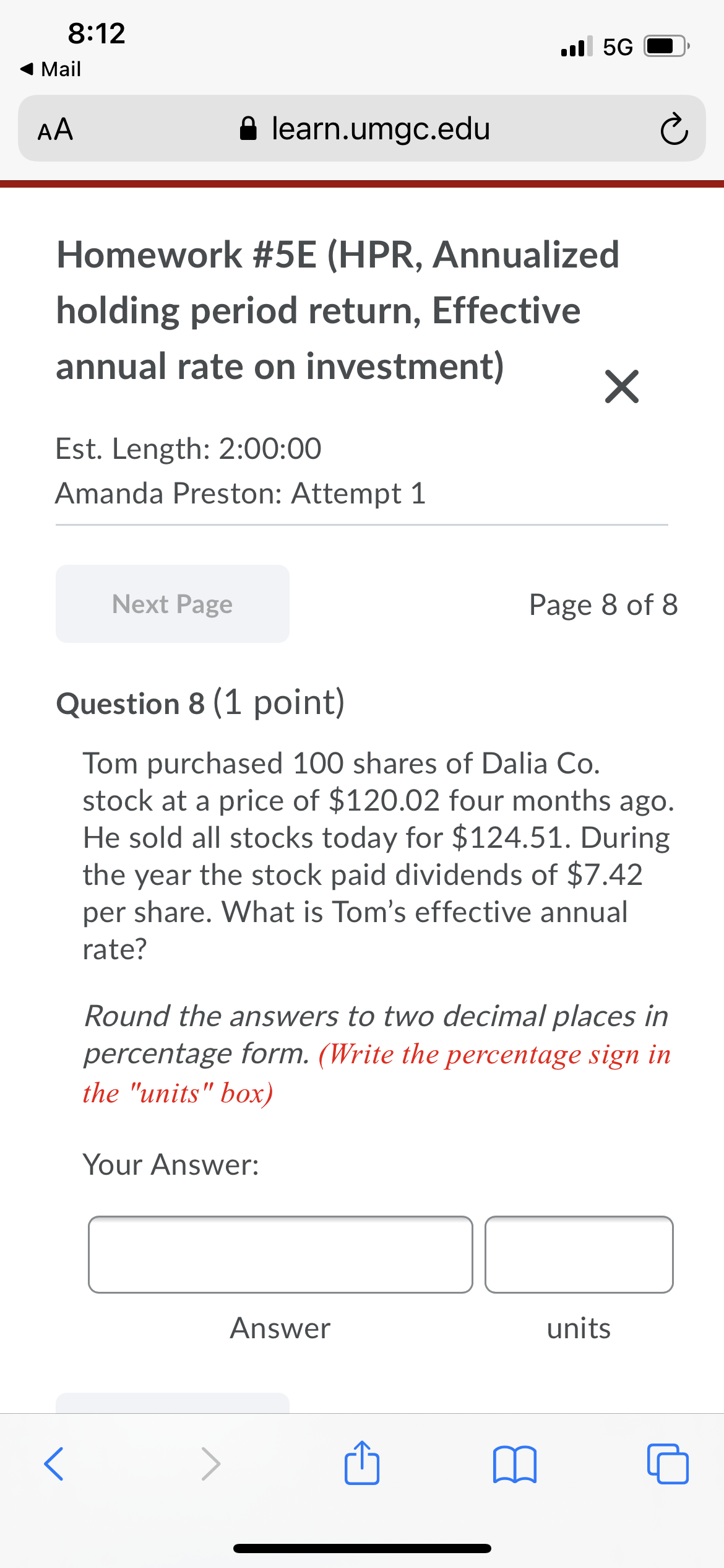  8'12 .nl 56 C} 4 Mail AA 8 |earn.umgc.edu C Homework