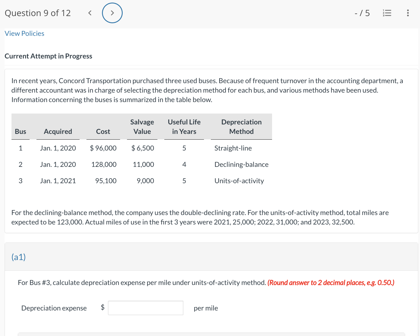 Calculate depreciation cost per mile using unit-of-activity method. (Round answer to 2