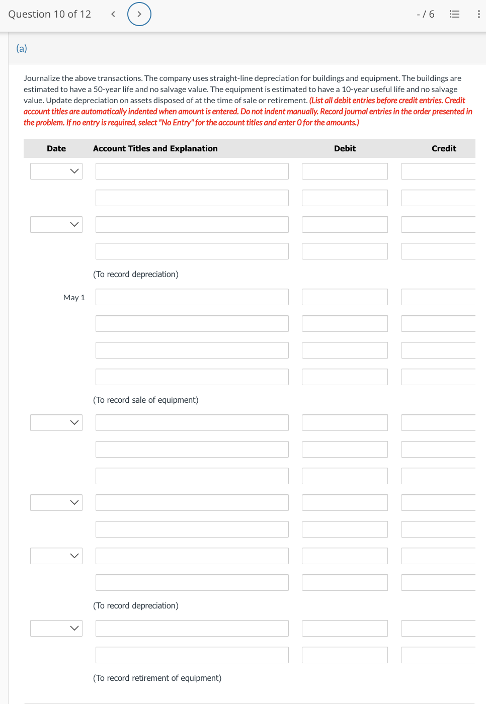 (To record equipment deprecition) DOC Question 10 of12 -/6 E .(c). Prepare