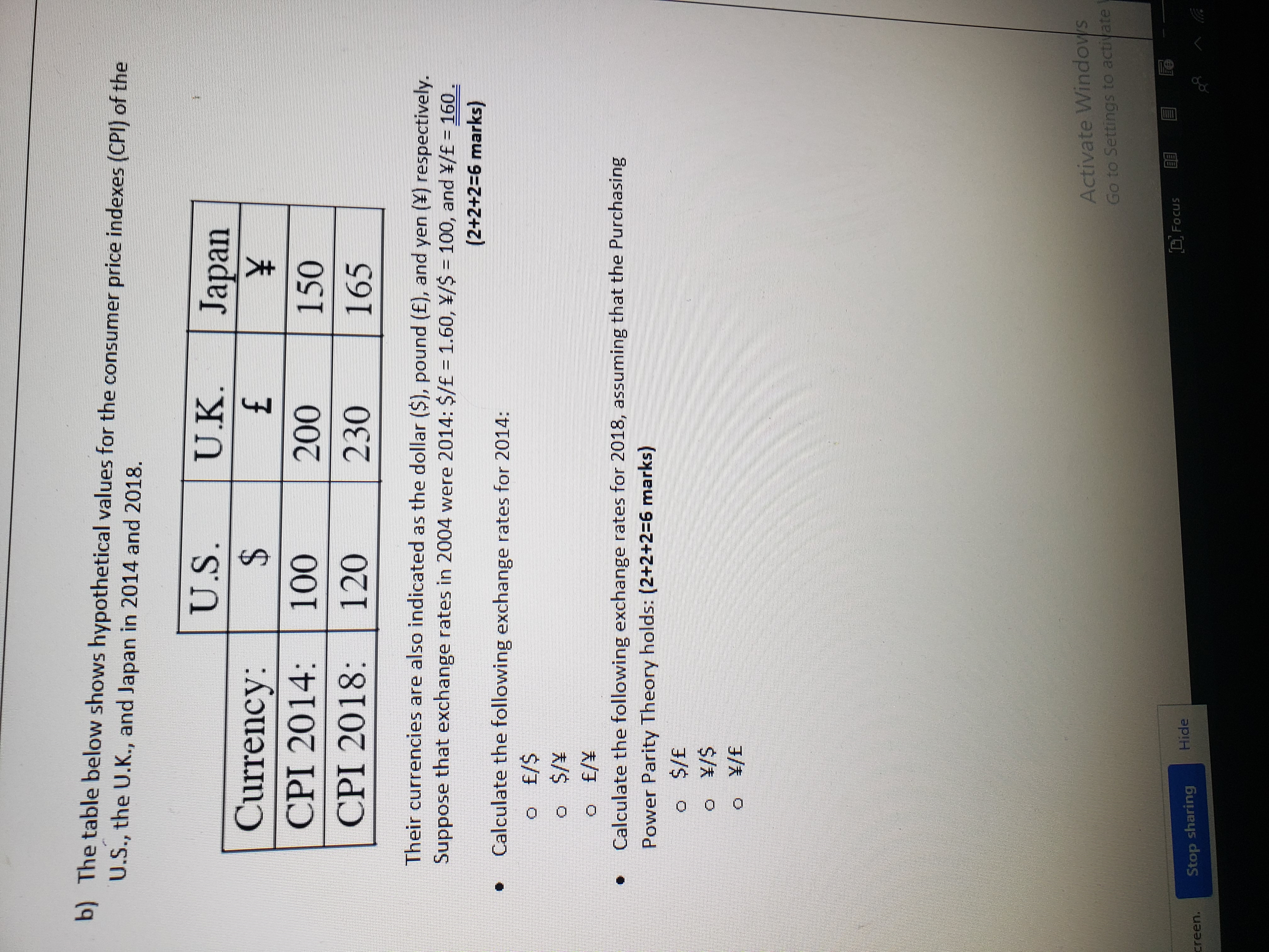 b) The table below shows hypothetical values for the consumer price