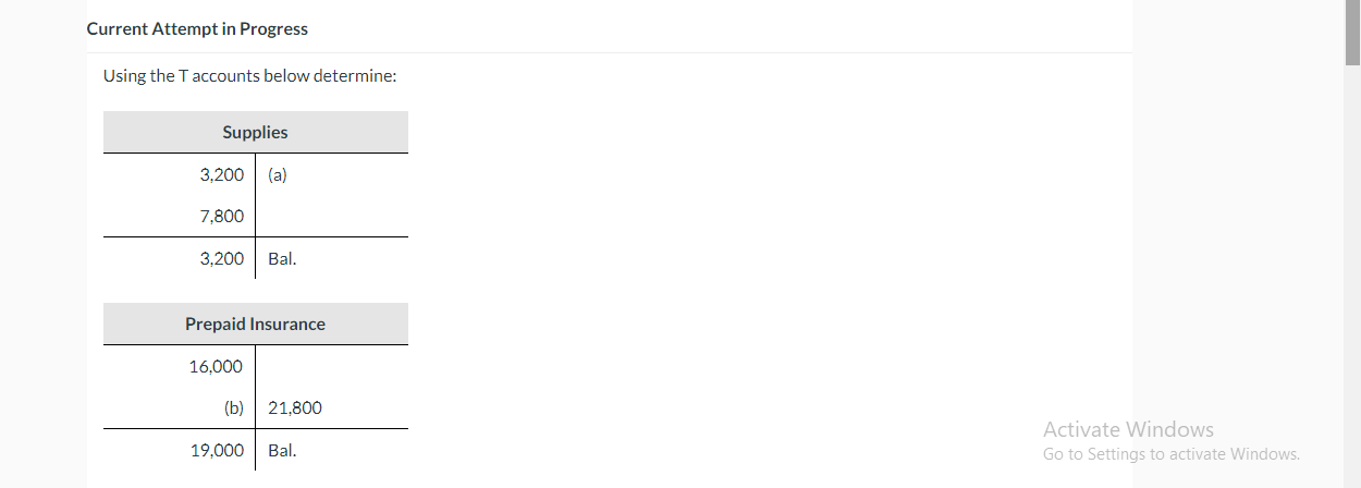  Current Attempt in Progress Using the T accounts below determine: Supplies