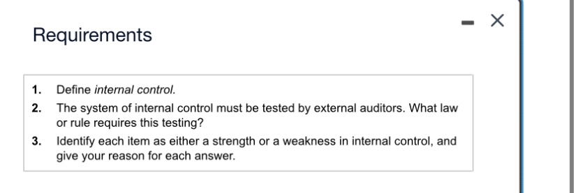 Please fill all requirement? - X Requirements 1. Define internal control. 2.