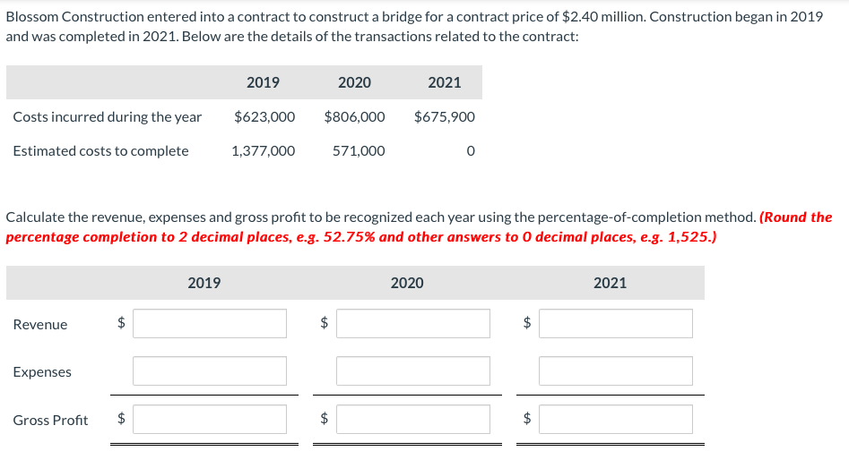  Blossom Construction entered into a contract to construct a bridge for