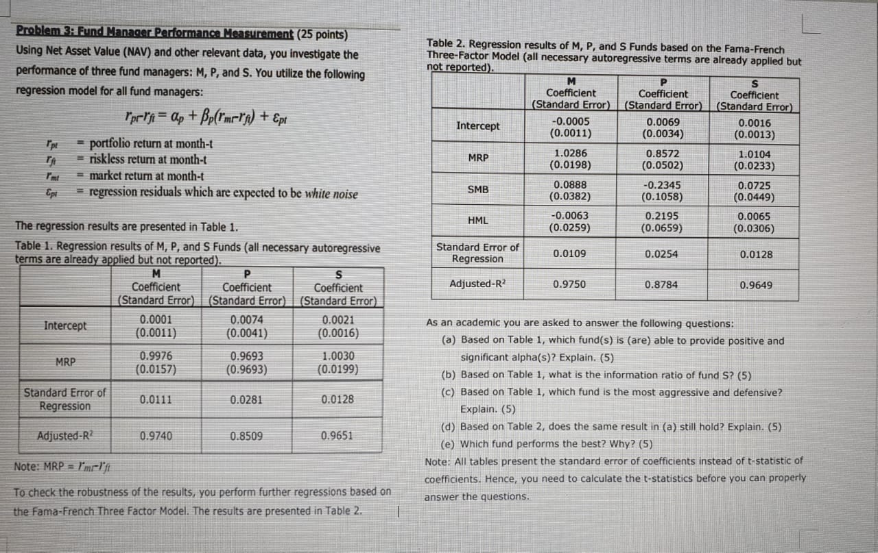  Problem 3: Fund Manager Performance Measurement (25 points) Using Net Asset