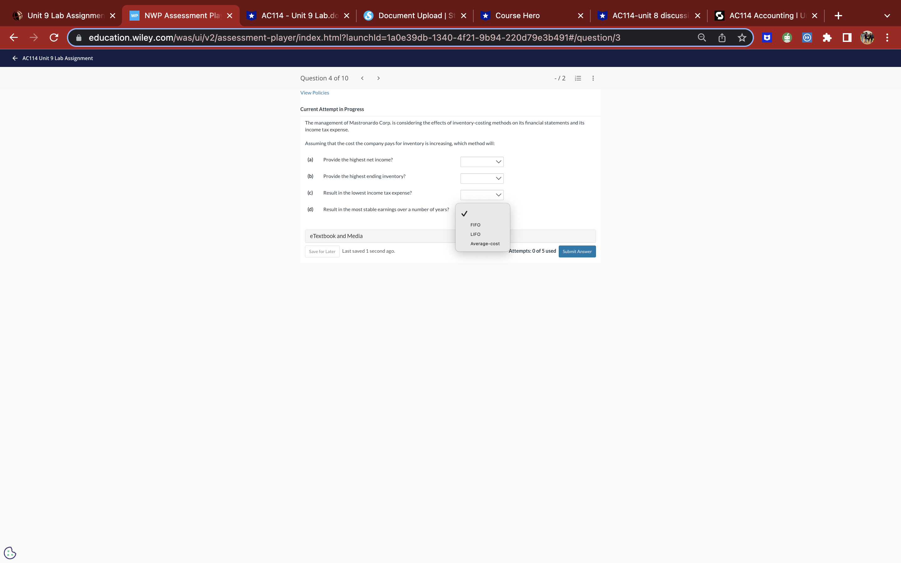 C education.wiley.com/was/ui/v2/assessment-player/index.html?launchld=1a0e39db-1340-4f21-9694-220d79e3b491#/question/0 * 0 # AC114 Unit 9 Lab Assignment Question 1