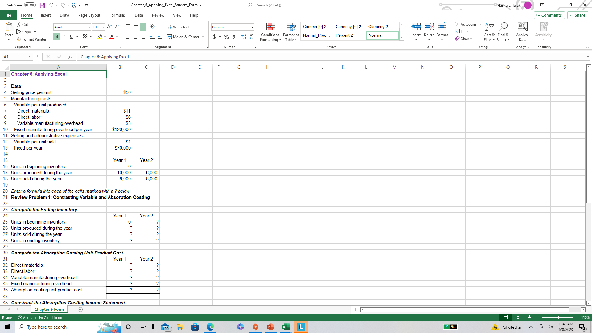 AutoSave C of H - - B. = Chapter_6_Applying_Excel_Student_Form - Search