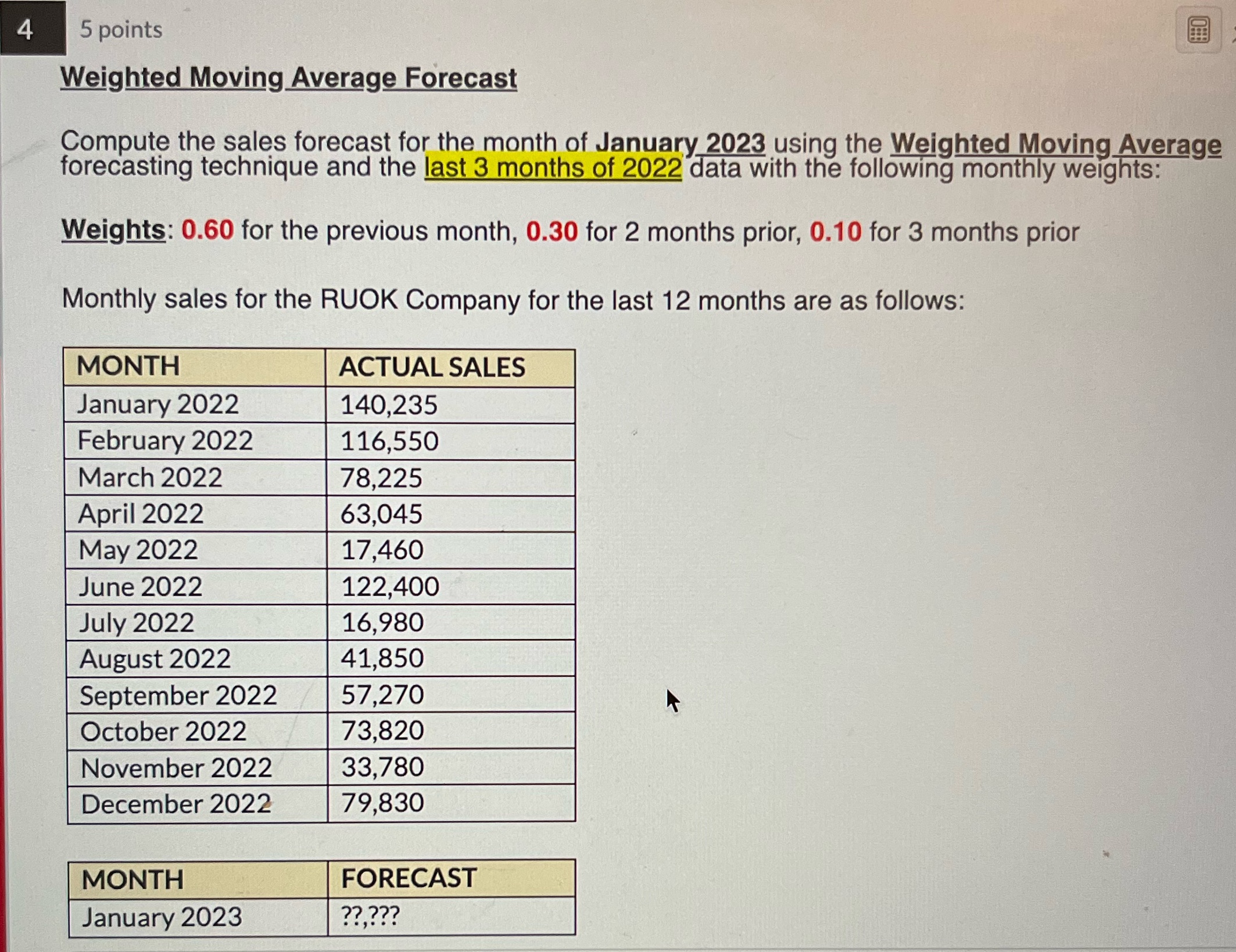  4 5 points Weighted Moving Average Forecast Compute the sales forecast