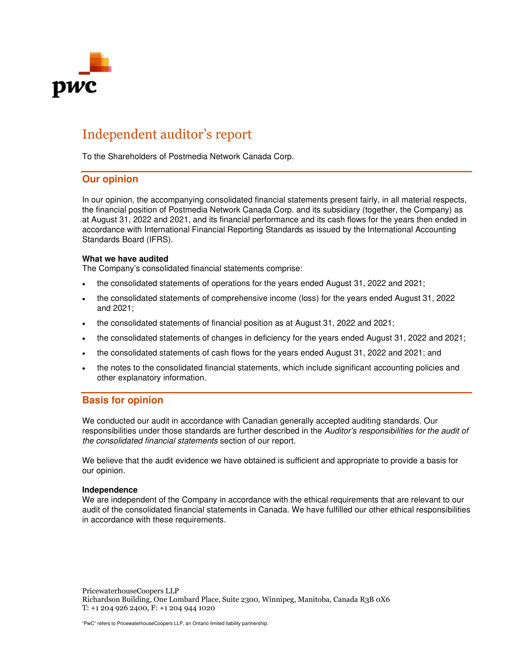 issuance: October 21, 2022 1Management's Responsibility for Consolidated Financial Statements The accompanying