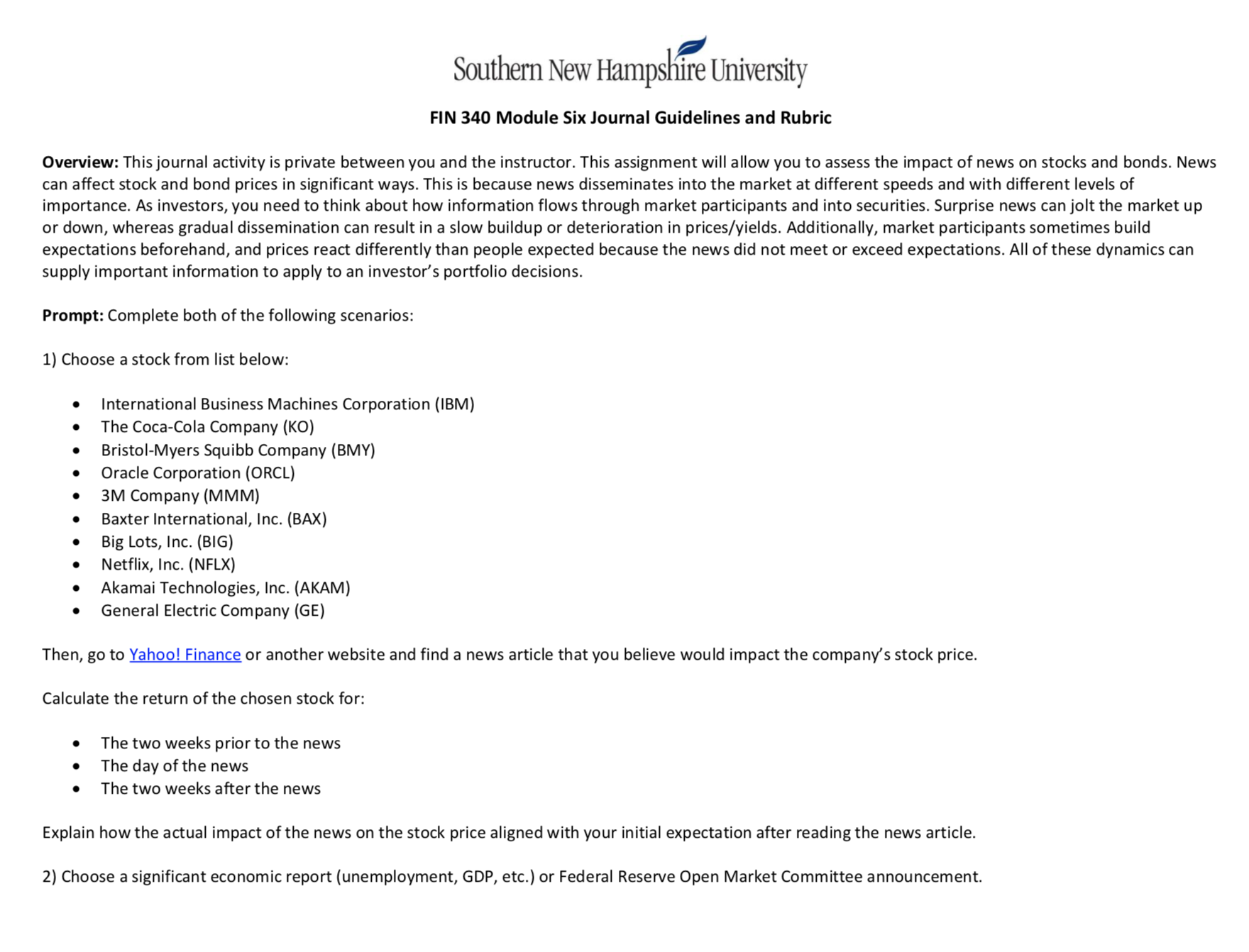 Need help with journal 6 https://finance.yahoo.com F . . Southern New Hampslnre