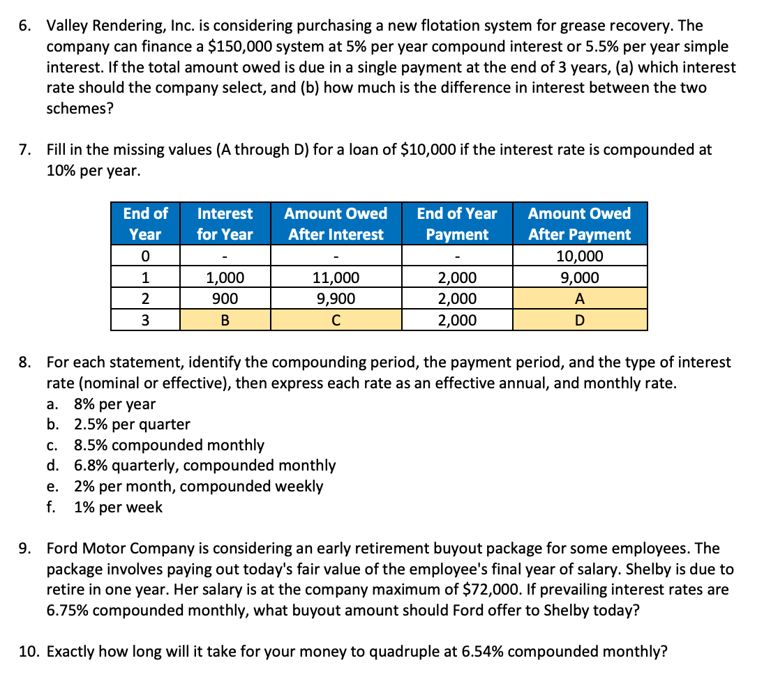 Google spreadsheet or excel 6. Valley Rendering, Inc. is considering purchasing a