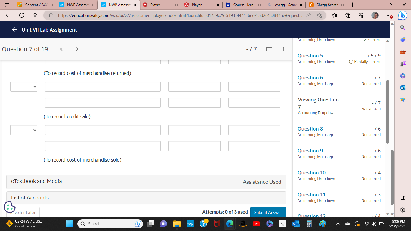 VII Lab Assignment Accounting Dropdown Correct Question 7 of 19 - 17