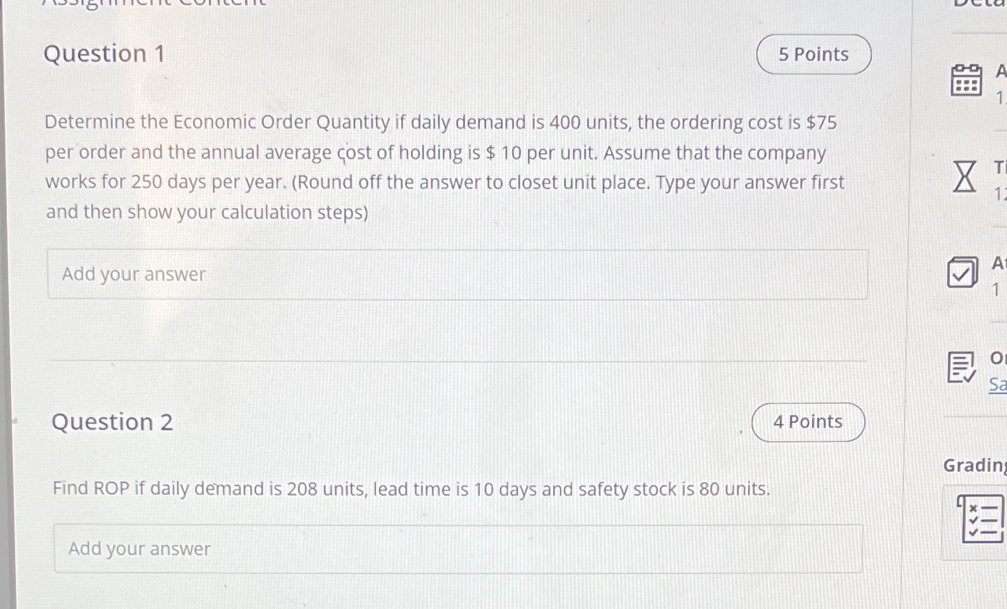  Question 1 5 Points A Determine the Economic Order Quantity if
