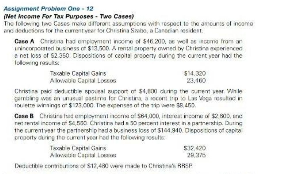 Assignment Problem One - 12 (Net Income For Tax Purposes -