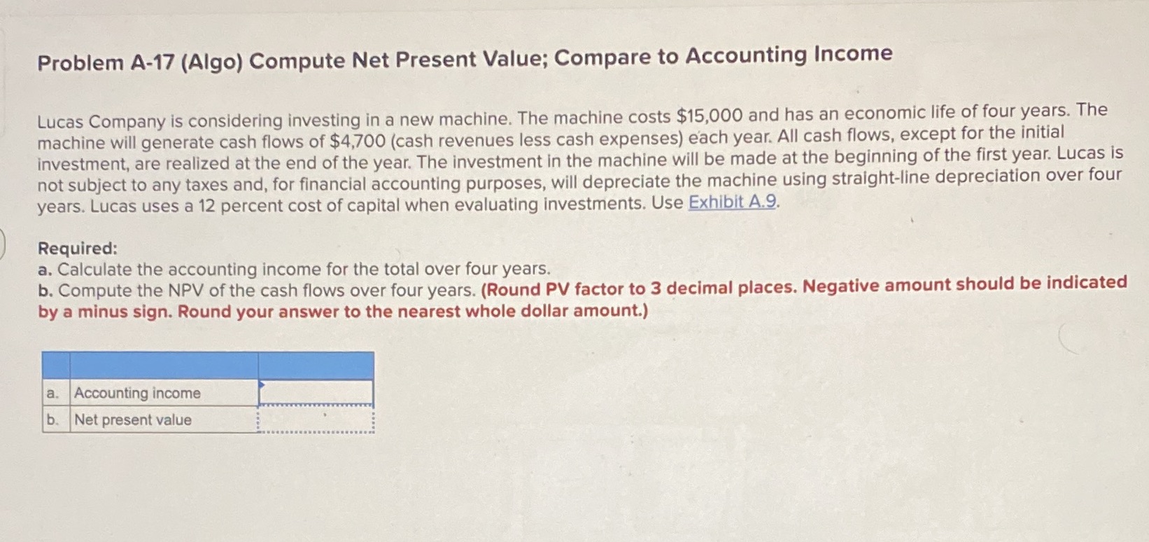  Problem A-17 (Algo) Compute Net Present Value; Compare to Accounting Income