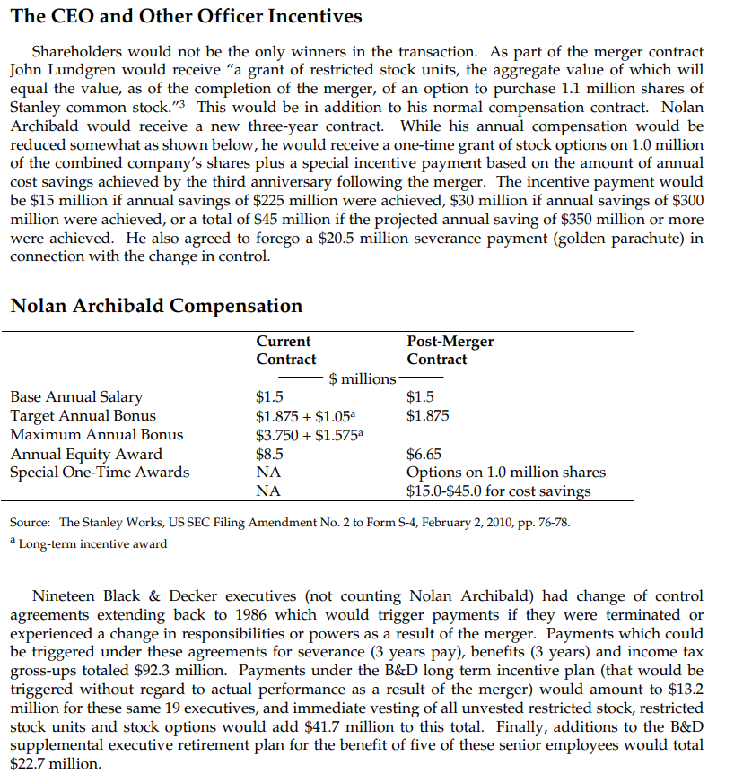 two companies and the Black & Decker executives due to the merger.stock