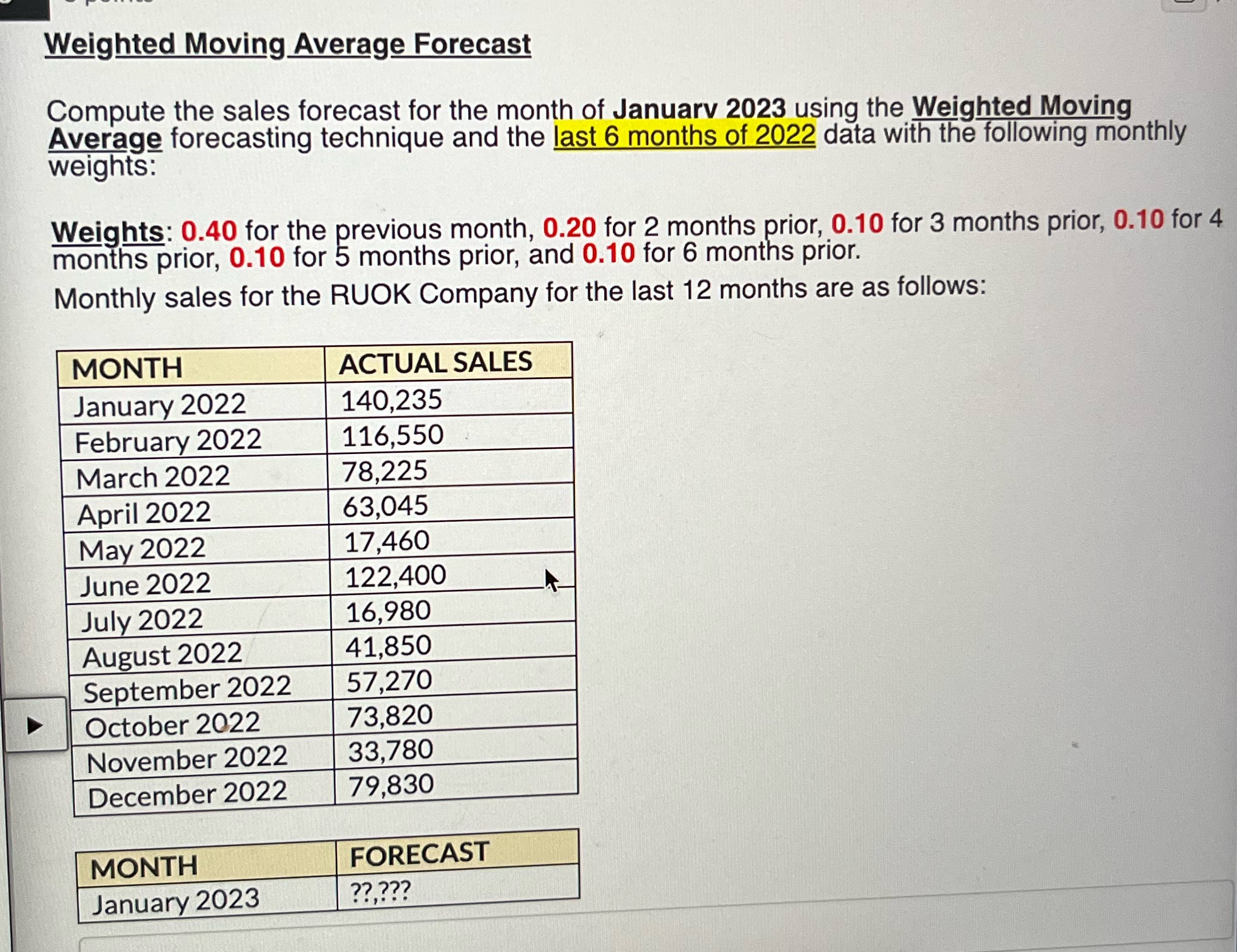 Weighted Moving Average Forecast Compute the sales forecast for the month