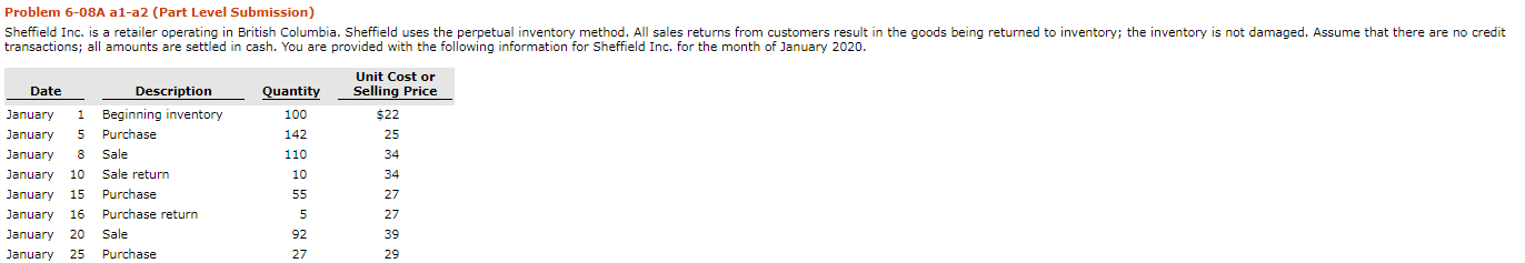 Need help with this question Problem 6-08A al-a2 (Part Level Submission) Sheffield