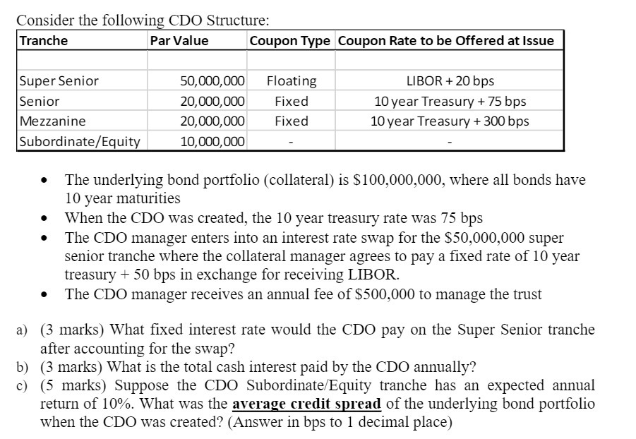 Consider the following CDO Structure: Tranche Par Value Coupon Type Coupon