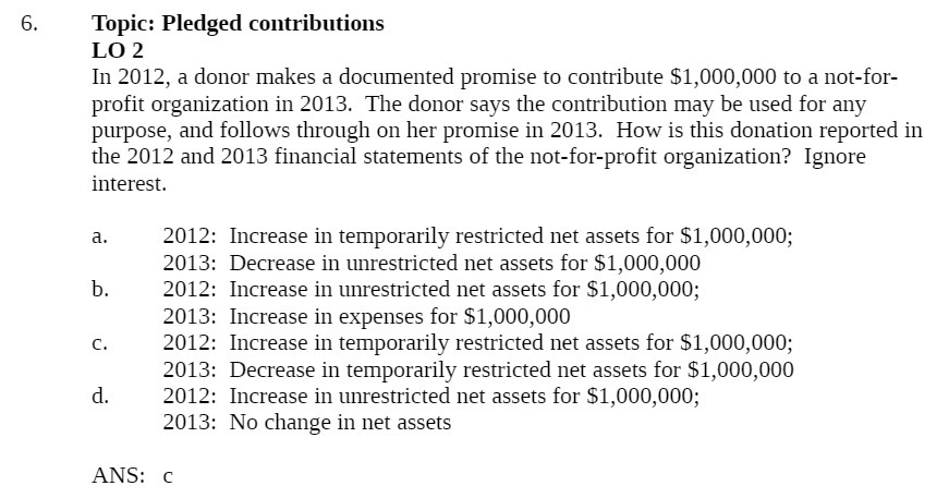  6. Topic: Pledged contributions LO 2 In 2012, a donor makes