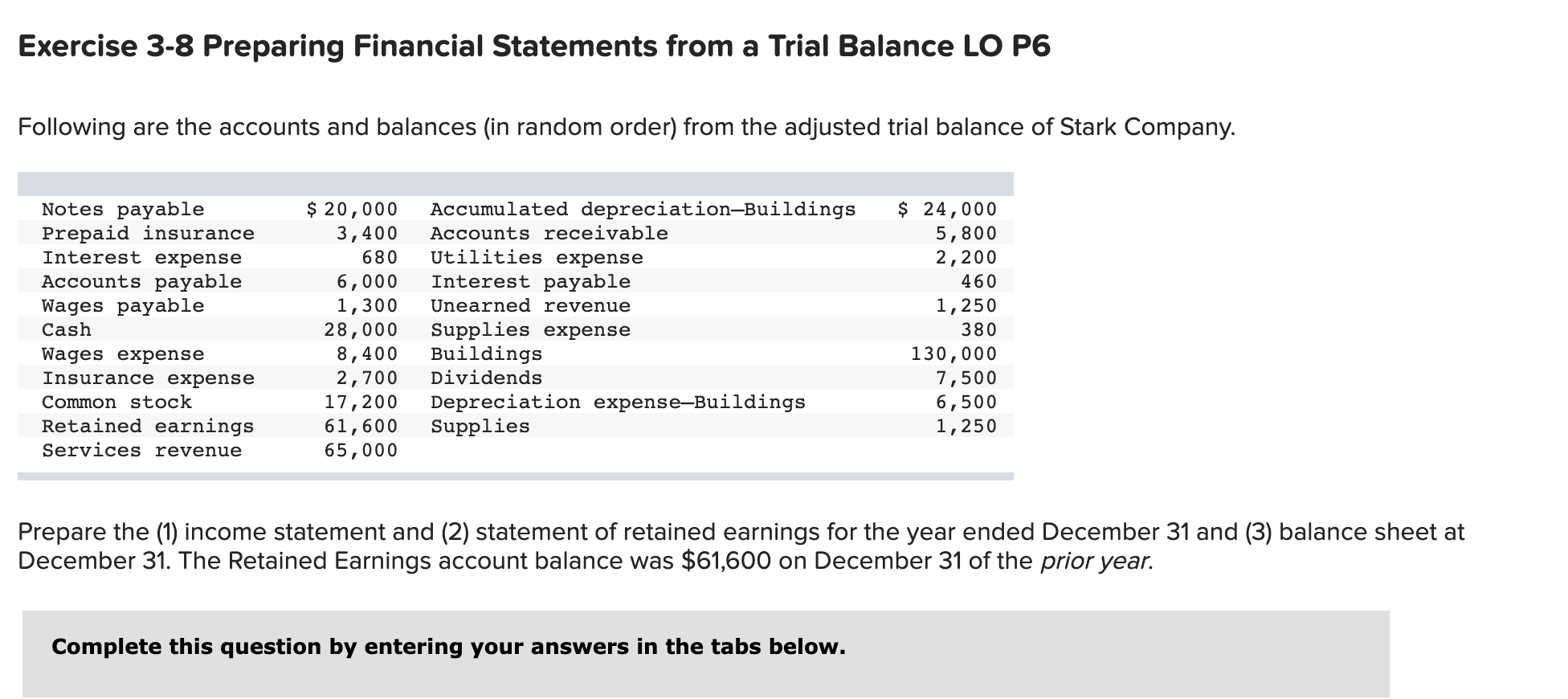  Exercise 3-8 Preparing Financial Statements from a Trial Balance LO P6