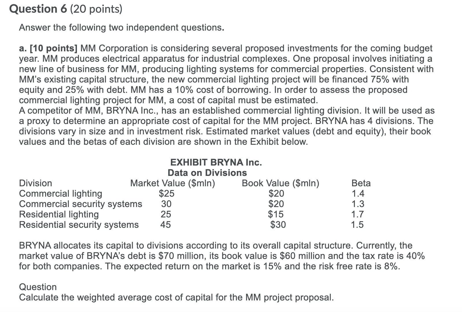Please provide answer to the problems below. Question 6 (20 points) Answer