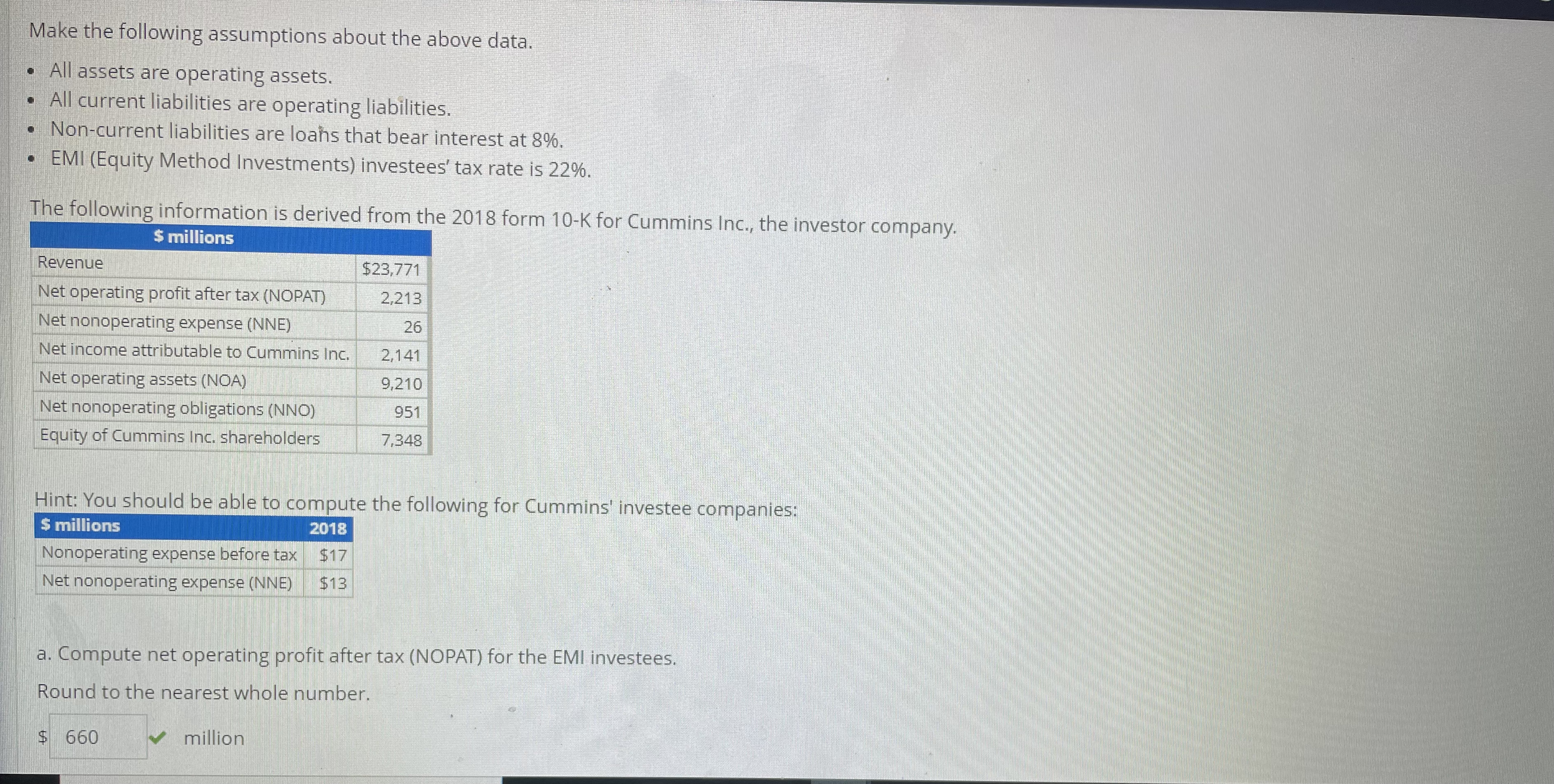 following ratios for Cummins for 2018. For simplicity only, use year-end balance