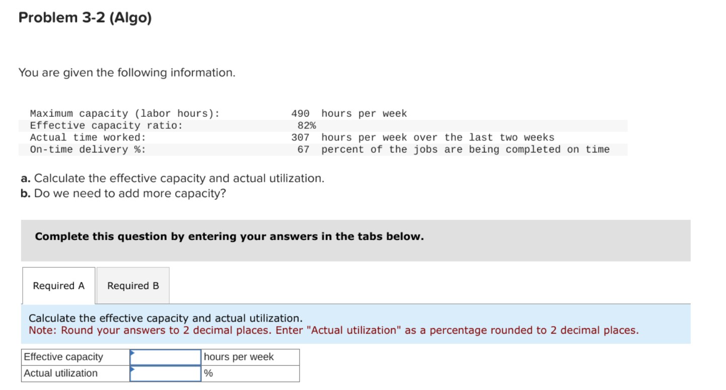  Problem 3-2(Algo) You are given the following information. Maximum capacity (labor