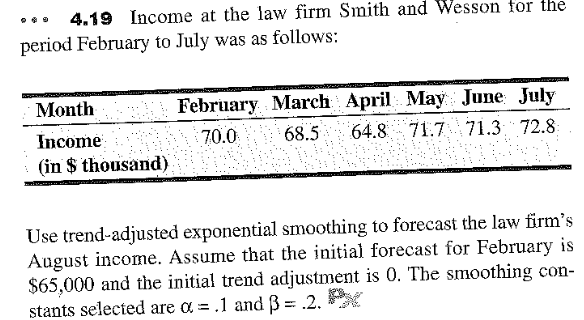  Use trend-adjusted exponential smoothing to forecast the law firm's August income.