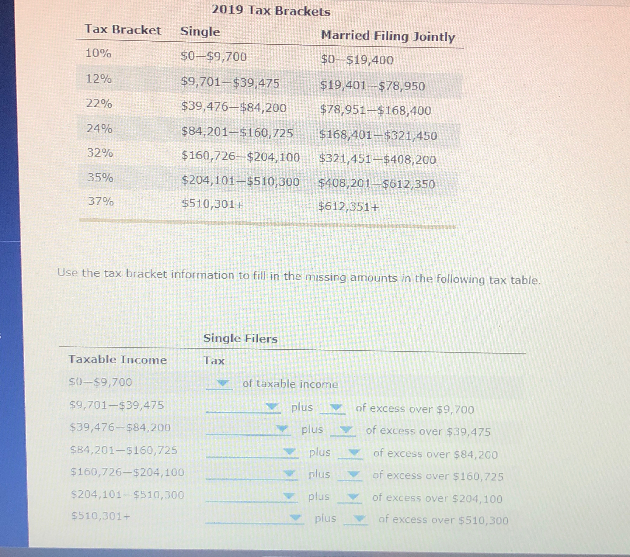  2019 Tax Brackets \table[[Tax Bracket,Single,Married Filing Jointly],[10%,$0-$9,700,$0-$19,400 