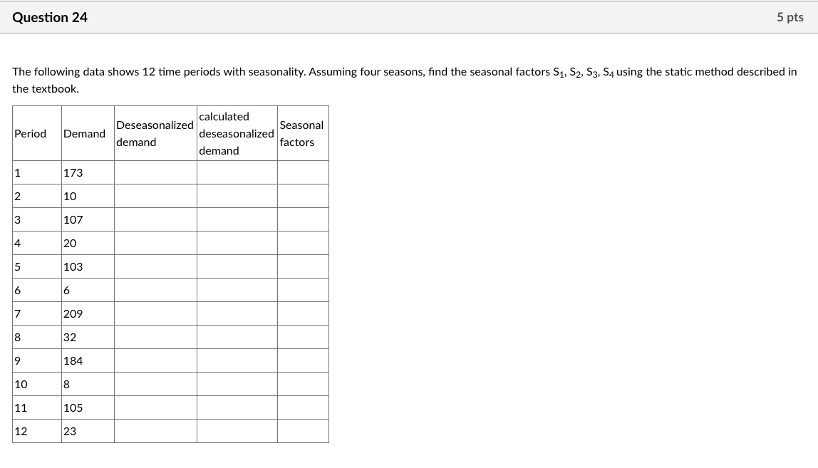  Question 24 The following data shows 12 time periods with seasonality.