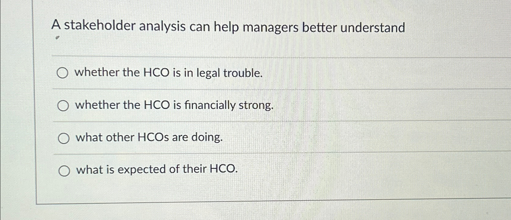  A stakeholder analysis can help managers better understand whether the HCO