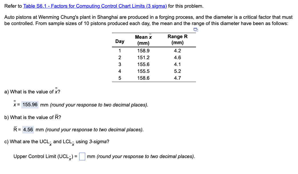  Refer to Table S6.1- Factors for Computing Control Chart Limits (3