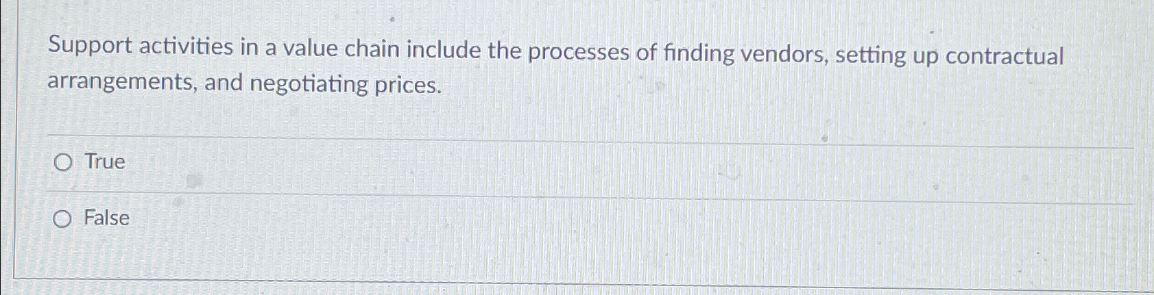  Support activities in a value chain include the processes of finding