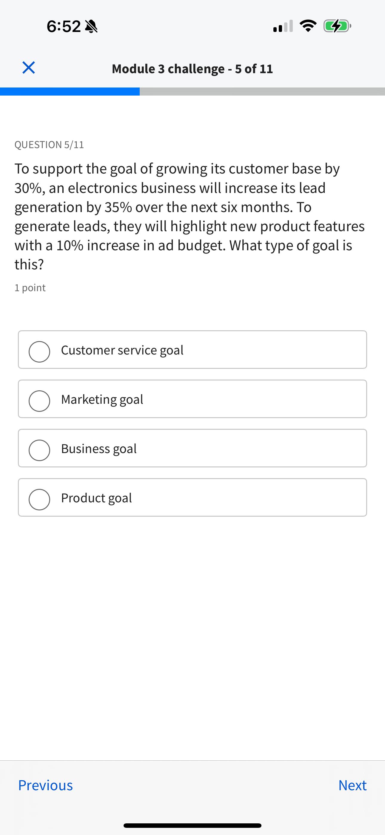  6:52 Module 3 challenge -5 of 11 QUESTION 5/11 To support